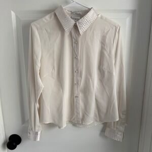 Villager Petite Liz Claiborne Cream Button Up Blouse Textured Satin Collar 10P